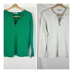 Lot of 2 Michelle Mae Long Sleeve Waffle Knit Top Women Medium Green White